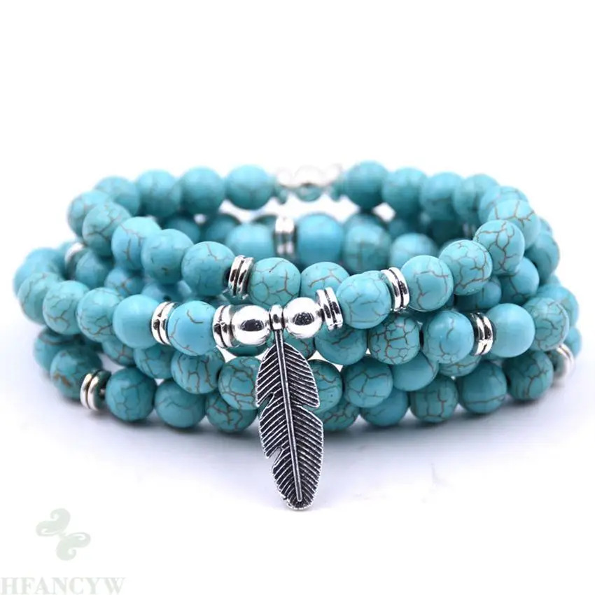 

6mm Blue Turquoise Energy Stone Beads Bracelet Leaf Pendant Spirituality Handmade Chakra Meditation Lucky Cuff Elegant Natural