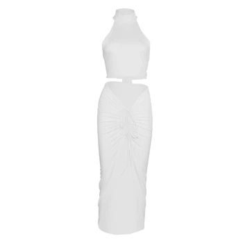 

Women's Cropped Shirt, High-Waist Skirt, Sleeveless High Collar Elastic Backless Top, Pleated Drawstring Dress