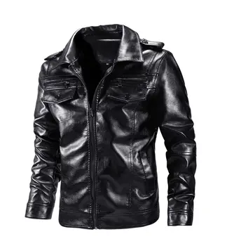 

Black Men Slim Casual Outwear PU Jacket With Epaulets&Pockets Oversized Male Overcoat Faux Leather Motorcycle Clothing Coat