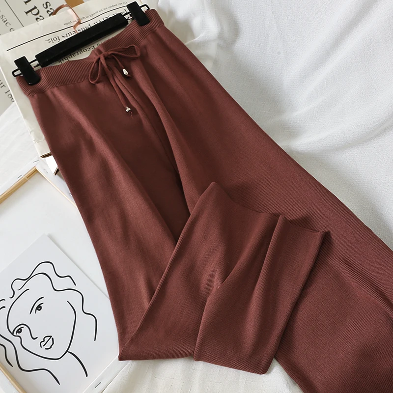 Новые корейские модные женские штаны осень-зима трикотажные широкие брюки с эластичной высокой талией женские повседневные свободные брюки S2078 - Цвет: Brown