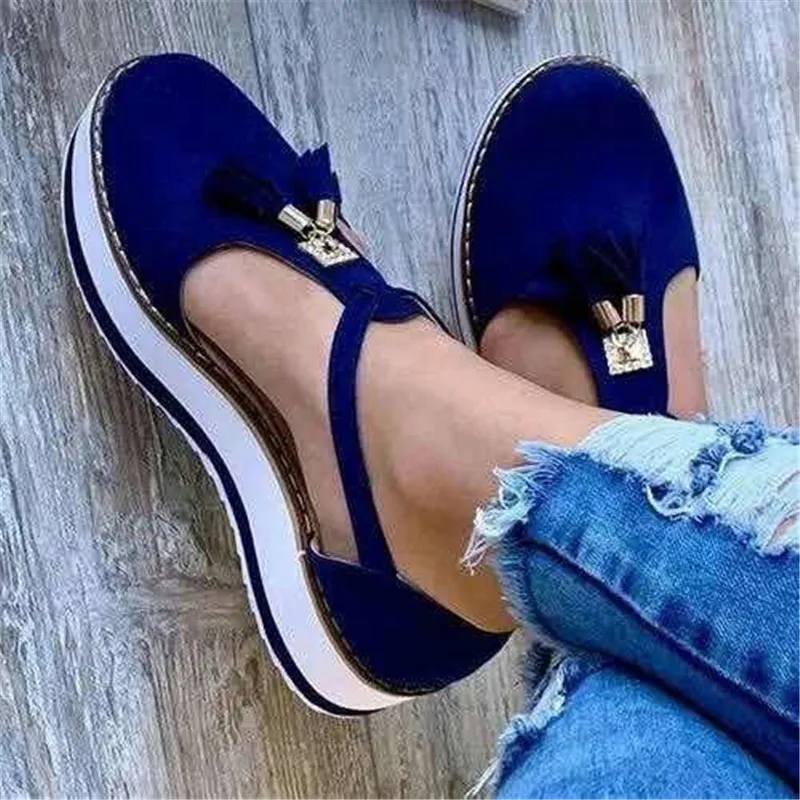 2020 New Fashion Women Summer Tassel Loafers Comfy Round Toe Buckle Sandals Casual Platform Thick Bottom Shoes Elegant Sneakers (9)