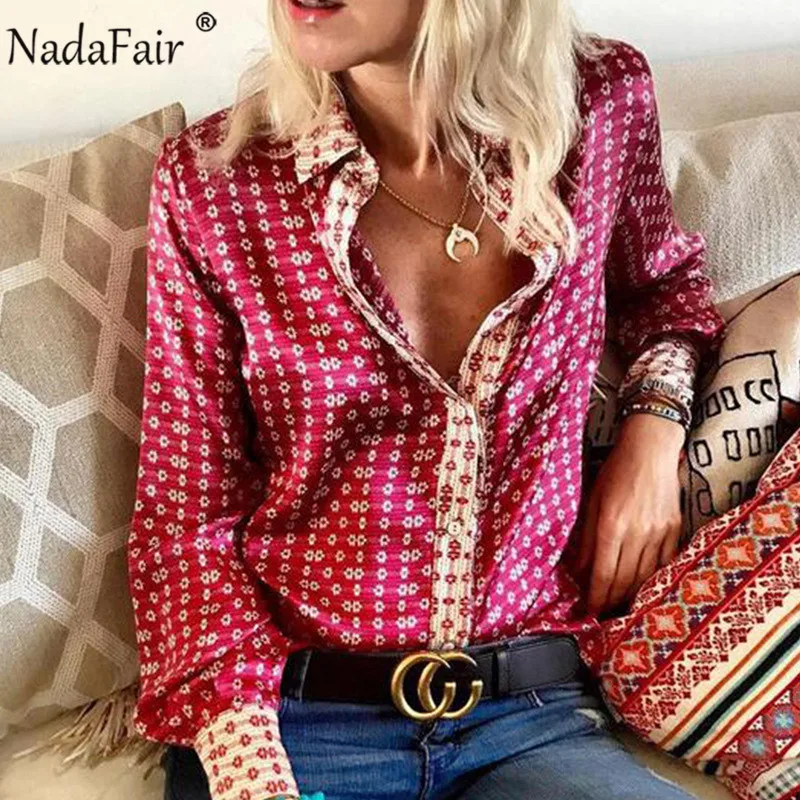 Nadafair Цветочная винтажная атласная блузка для женщин осенние повседневные топы с длинным рукавом Элегантного размера плюс офисные шелковые блузки рубашки
