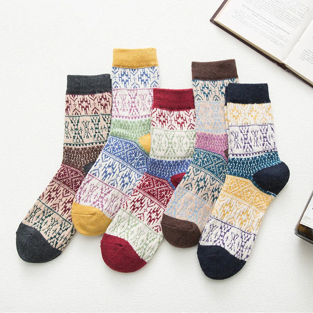 5 пар, женские повседневные зимние носки, теплые толстые шерстяные винтажные цветные вязаные мягкие носки, домашние нескользящие носки с принтом, Calcetines Mujer