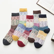 5 пар, женские повседневные зимние носки, теплые толстые шерстяные винтажные цветные вязаные мягкие носки, домашние нескользящие носки с принтом, Calcetines Mujer