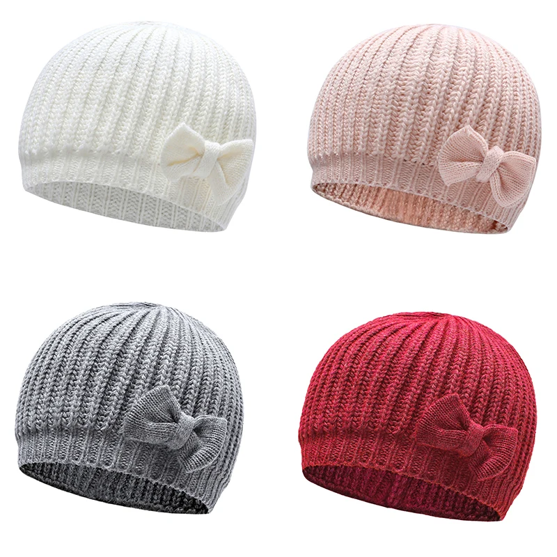 Autumn Winter Cute Bowknot Baby Hat Knitted Girl Boy Bonnet Solid Color Warm Kids Beanie Cap | Детская одежда и обувь
