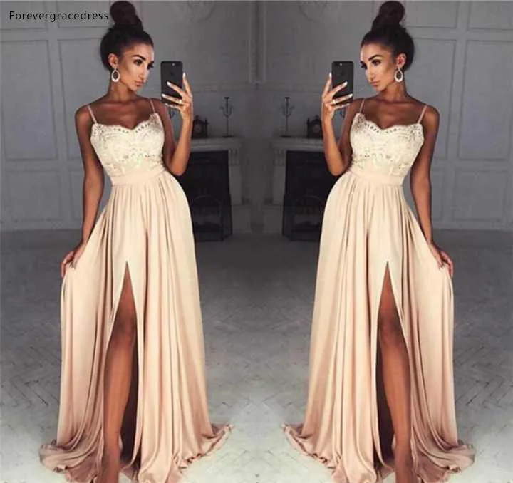 2018 Newest Split Prom Dresses A Line Spaghetti Straps Chiffon Floor Length Party Evening Gowns Formal With Appliques 115