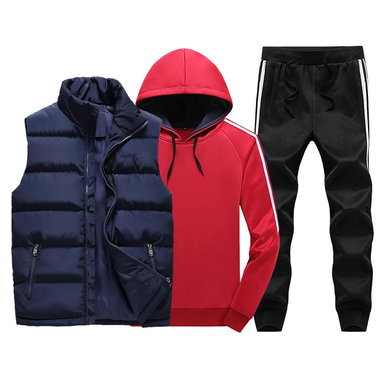 Спортивный комплект из 3 предметов с капюшоном, мужские спортивные костюмы, мужской зимний утепленный спортивный костюм для бега, 3 предмета, меховая куртка с капюшоном+ флисовые толстовки+ штаны