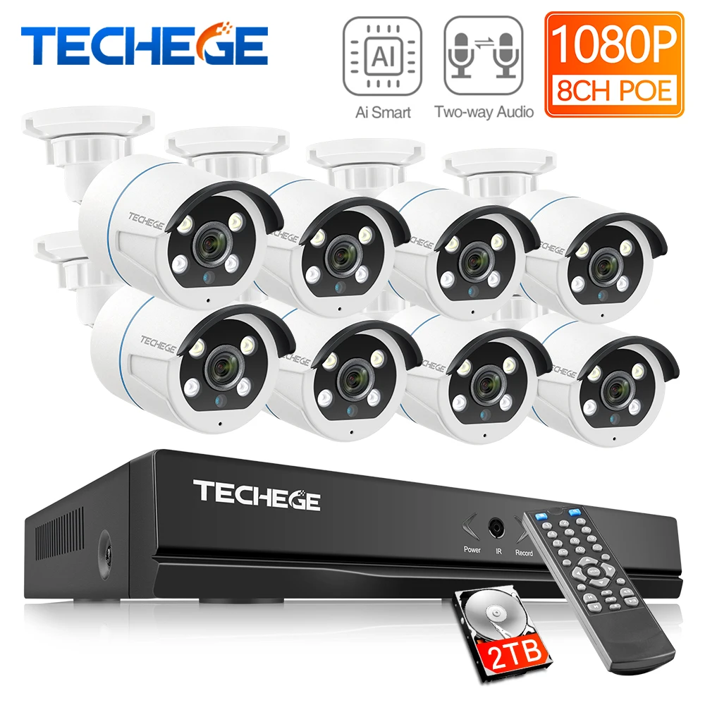 Techege 8CH 2MP POE AI камера система двухстороннее аудио Обнаружение человека