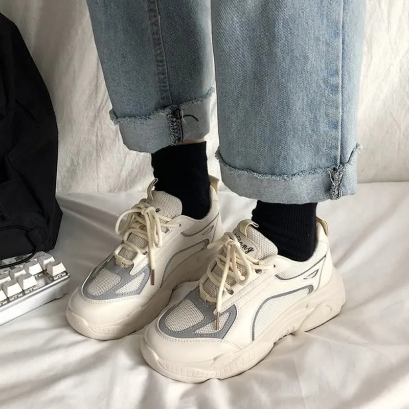 

Women Sneakers 2019 Casual Shoes Fashion Sneaker Harajuku Female Shoes Woman White Lace-Up Platform Walking Mesh Chunky Sneakers