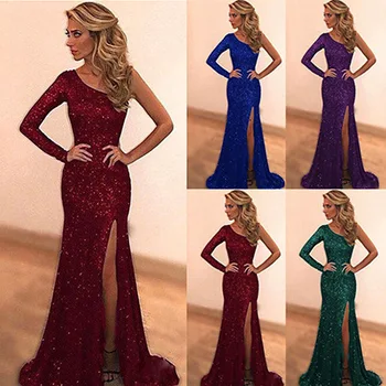 

BacklakeGirls 2019 Sexy One Shoulder Long Sleeve Mermaid Prom Dress Floor Length Sequin Night Club Dress Robes De Soiree Longue