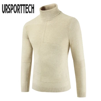

URSPORTTECH Brand Men Turtleneck Sweaters Men Black Beige High Neck Thick Warm Sweater Slim Fit Pullover Knitwear Double Collar