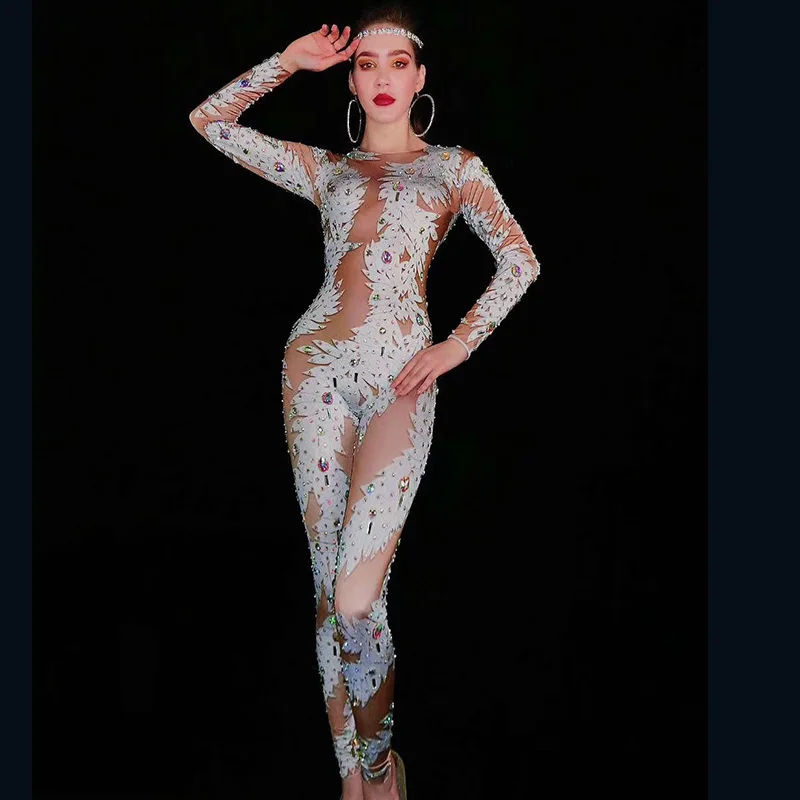 Multi-Color Rhinestones Printed Jumpsuit Long Sleeves Sexy Bodysuit Women Singer Bar Stage Prom Birthday Outfit Rave Wear DT1612