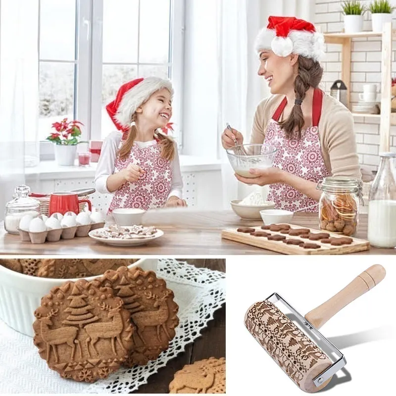 Embossing Rolling Pin Wooden Rolling Pin Creative Drum Type Elk Christmas Wood Embossed Party Rolling Pin Pastry Tools Biscuits