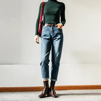 

Black Mom Jeans Boyfriend Denim Jumper Street Style Solid Wash Distressed Jeans Woman High Waist Winter Rock Pants Blue Trousers