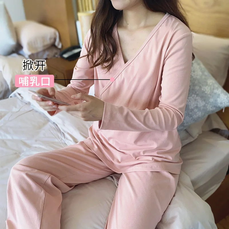 Fdfklak Modal Cotton Maternity Nursing Pajamas Set Long Sleeve Trousers Breastfeeding Top Pregnancy Antumm New Clothes