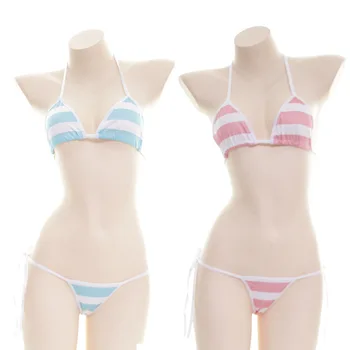 

Japanese Sexy Lingerie Lolita Kawaii Blue Pink White Striped Mini Bikini Adult Cosplay Erotic Costumes Bra Women Underwear Set