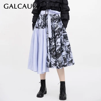 

GALCAUR Vintage Print Hit Color Asymmetrical Skirt Female High Waist Sashes Midi Skirts Womens Clothes 2020 Autumn Fashion New