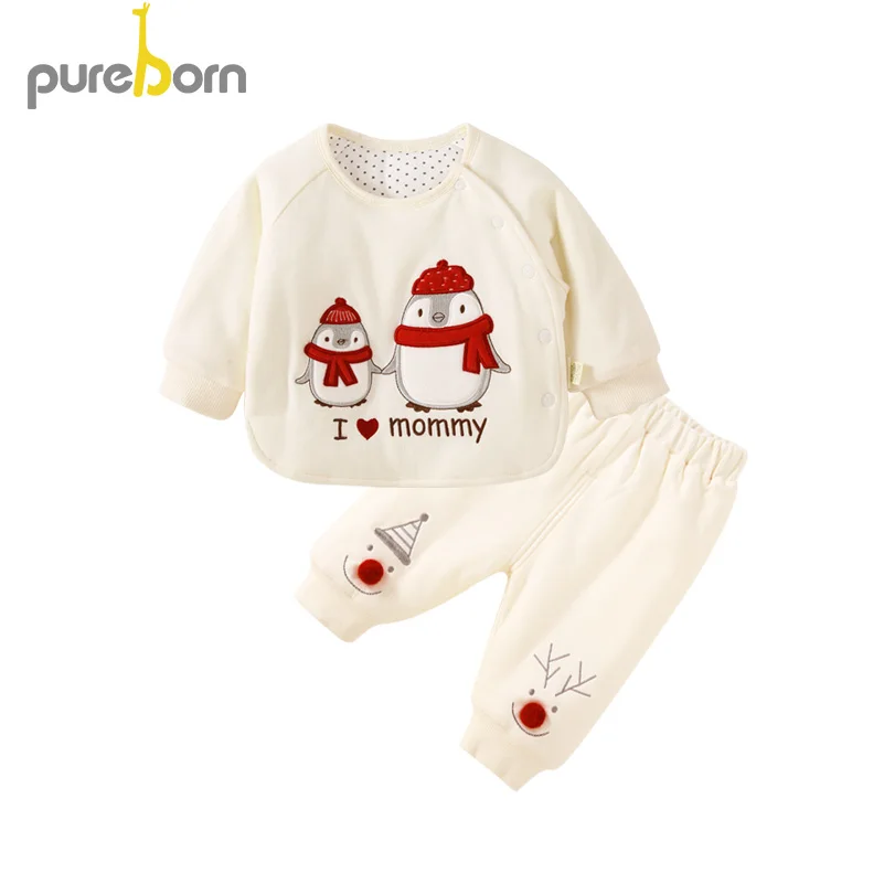 Pureborn/2 предмета; одежда для маленьких девочек; топы с рисунком пингвина и штаны с рождественским оленем; стеганые комплекты одежды для маленьких мальчиков; детская одежда - Цвет: beige