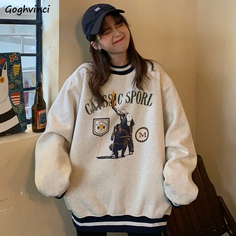 Sudaderas con sin sombrero para mujer, suéter holgado informal con estampado de lana de manga larga, cuello redondo, coreano Vintage Retro Ulzzang|Sudaderas capucha y sudaderas| - AliExpress