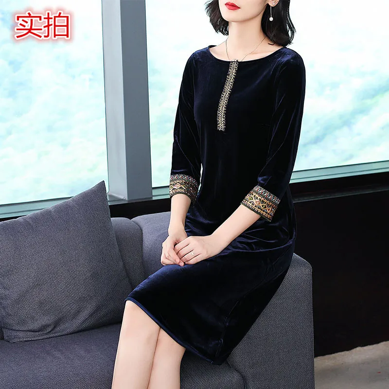 

Middle-aged Gold Velvet Retro Cheongsam Dress Nobility Large Size Mid-length Middle-aged Women Dress Spring And Autumn Top Grade