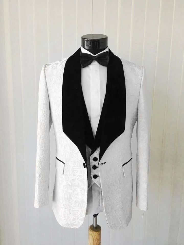

New Style Groomsmen Shawl Black Lapel Groom Tuxedos One Button Men Suits Wedding Best Man Blazer ( Jacket+Pants+Vest+ Tie) Suit