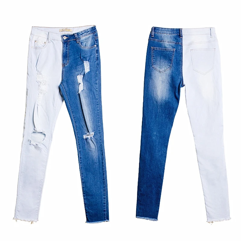 Модные обтягивающие рваные стильные джинсы для женщин, весна-осень, контрастные цвета, узкие джинсы для женщин, джинсовые штаны размера плюс 4XL K325