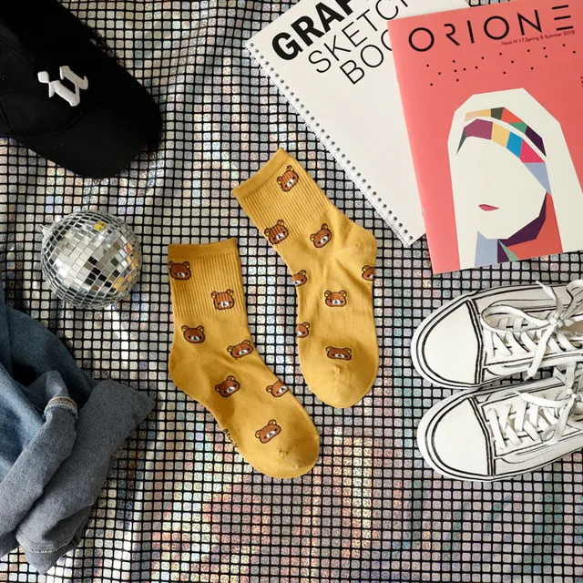 1 Pair of Cute cartoon women's pure Cotton socks cute and Fashionable bear socks five Colors of pure Cotton Female socks 03