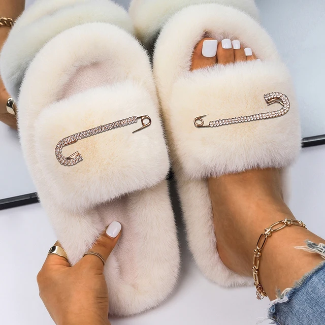 Fluffy Slippers Women Crystal Flower Decor Furry Sandals Elegant Ladies Home Flip Flops Faux Fur Slides Luxury Designer Shoes Beige12