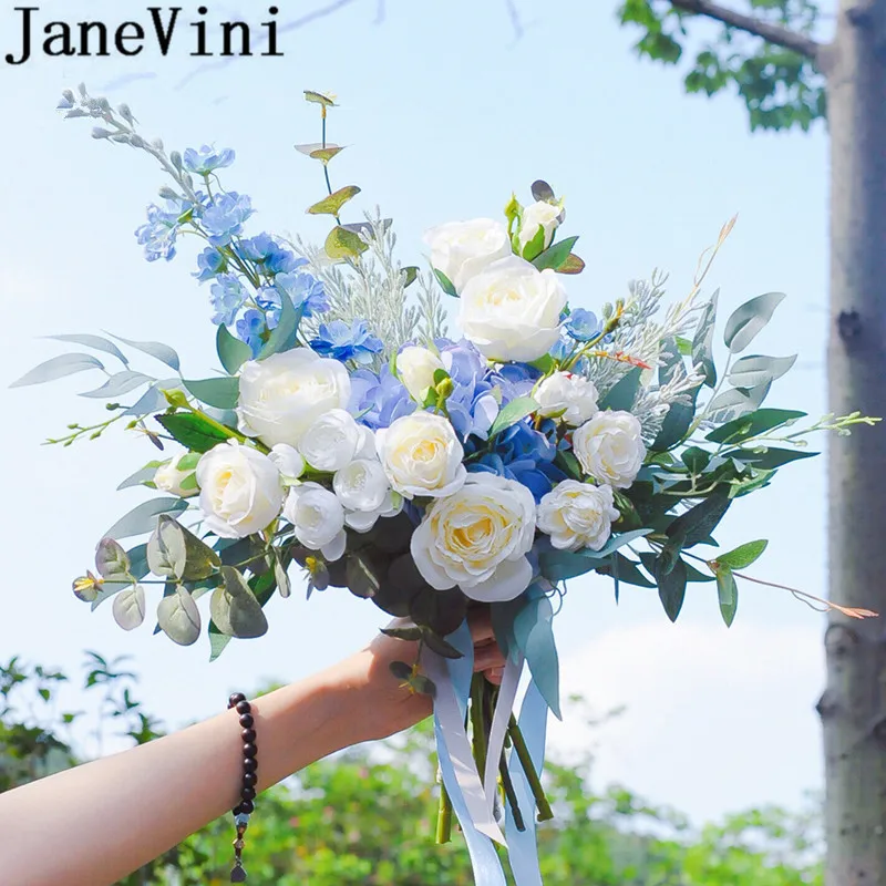 JaneVini Blue Bouquet Bride Wedding Flowers Bridal Bouquets Silk Flower Rose Artificial Eucalyptus Wedding Brooch Boeket 2019