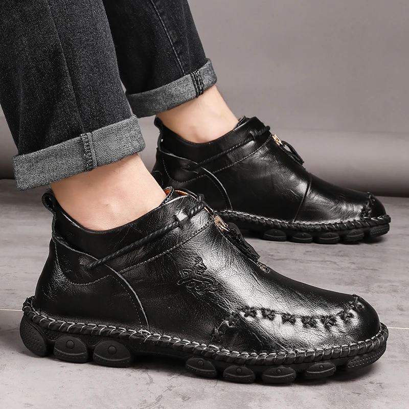 Brand Men Boots Genuine Leather Male Ankle Boots Fashion Male Comfortable Shoe Autumn Outdoor Waterproof Man Motorcycle Boots