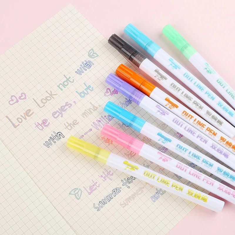 

8 Colors Double-line Pens Highlighter Dual Double Line Fluorescent Pen Drawing Marker Pen Stationery School Supply