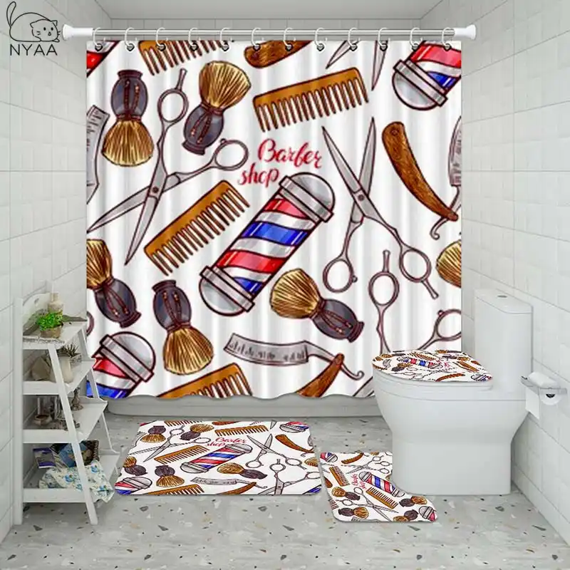 Vixm Barber Shop Theme Bathroom Waterproof Shower Curtain Set Pedestal Rug Lid Carpet Toilet Cover Set Bath Curtain Mat Set Bathroom Accessories Sets Aliexpress