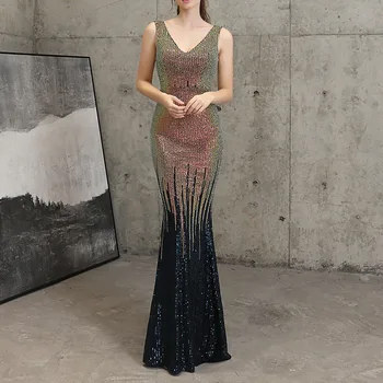 

Dark Blue Sparkly Mermaid Evening Dress Women Beading Sleeveless Party Long Dresses V Neck Wedding Formal Gowns Elegant Robe
