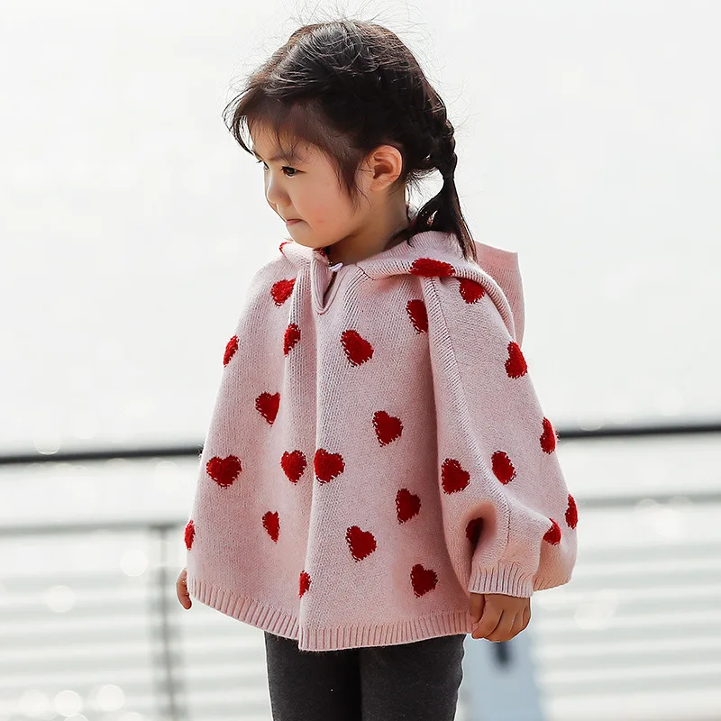 1-4Years Girl Sweater Coat Winter Jacquard Small Love Figure Hooded Cute Girl Knitted Outerwear Kids Warm Cloak Coat