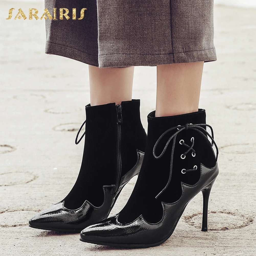

Sarairis Brand New Design Large Size 32-43 Pointed Toe Ankle Boots Woman Shoes Zip Up Thin High Heels INS Shoes Women Boots