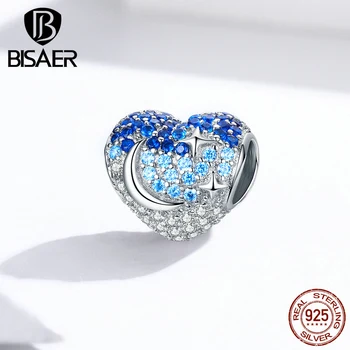 

Heart Beads BISAER Silver 925 Love Heart Beads Blue Cubic Zircon Moon Pave Charms original silver 925 Jewelry Making EFC167