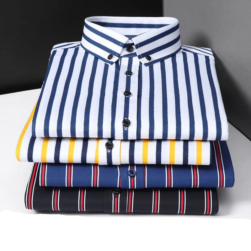 

2020 New Stripes Stretch Cotton Mens Dress Shirts Long Sleeves Slim Fit for Male Work Business Attire Social Shirts