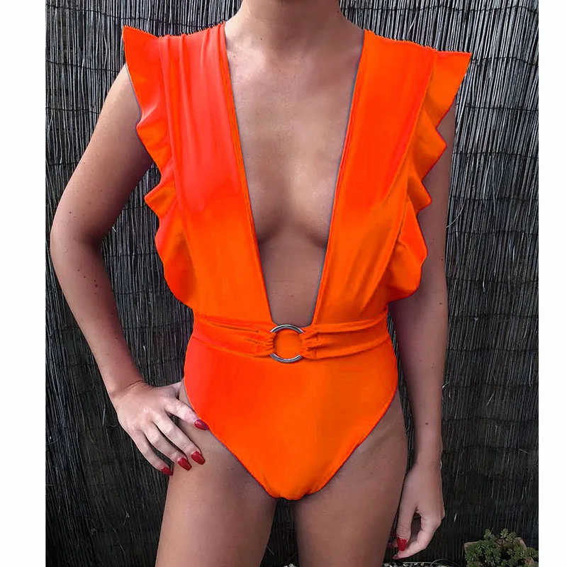 Для женщин Одна деталь купальник с глубокой купальные костюмы V-Neck оборками боди Maillot De Bain купальный костюм пуш-ап Пляжная одежда - Цвет: F