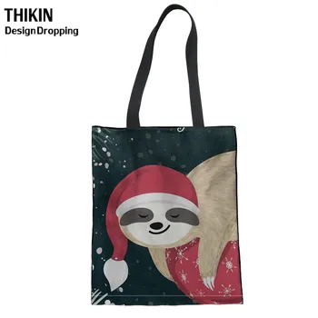 

THIKIN Cute Christmas Sloth Printing Women Shopping Bags Ladies Heavy Duty Eco Cotton Bag Females Canvas Tote Bags for Kid Gifts