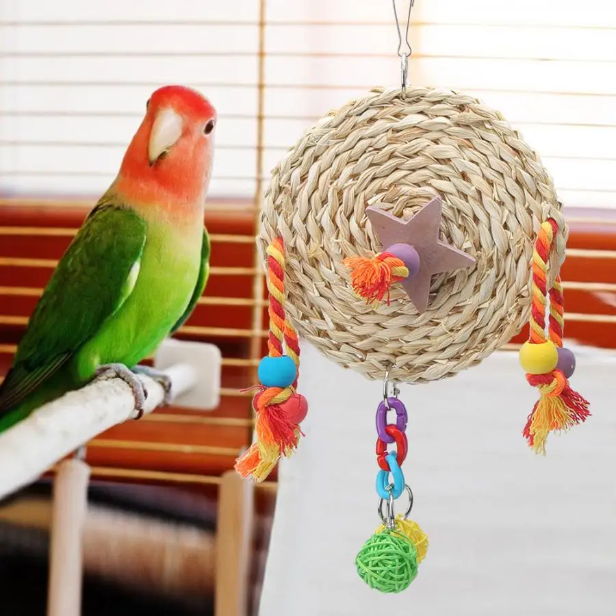 Toy Pet Non-toxic Straw Plaited Wood Block Chewing Biting Hanging Swing Toy Bird Cage Accessories Bird Toy