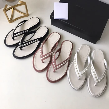 

Hapucky Women's Shoes New Fashion Genuine Leather Shoes Summer Beach Flip Flops Pearl Outside Female Slippers Hot Sell Flats