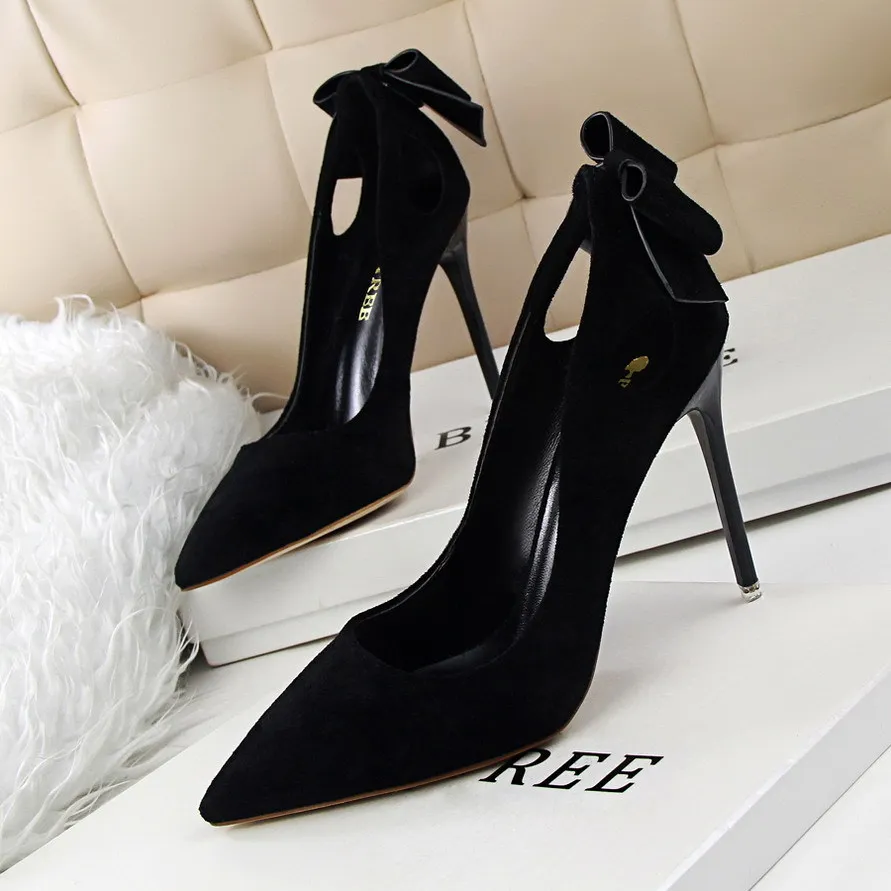 

10.5CM PUMPS Sweet beauty high-heeled shoes with thin and high-heeled suede and shallow mouth pointed bow shoes