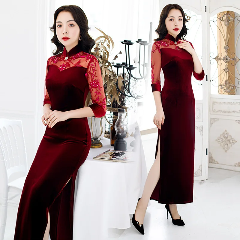 

2019 Autumn New Style Cheongsam Embroidered Long Gold Velvet Cheongsam Three-quarter-length Sleeve Stand Collar Slit Voile Cheon
