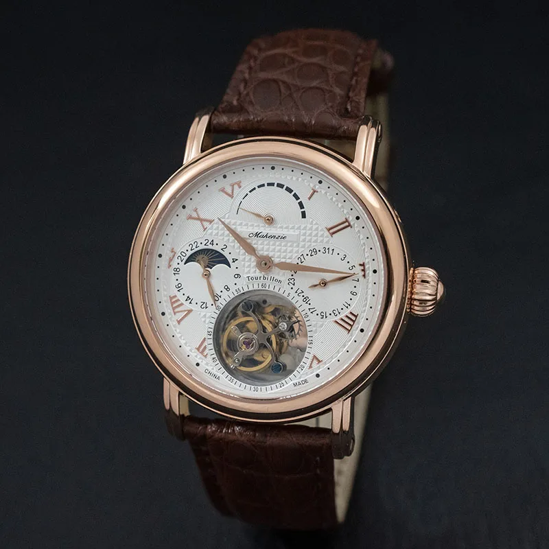 Многофункциональные мужские часы s Pilot Real Tourbillon с календарем Moonphase, механические мужские часы ST8007 Tourbillon, модные часы - Цвет: Rose Gold Brown