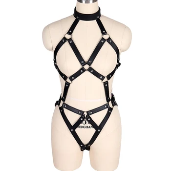 

PU Black Leather Harness Hollow Out Lingerie Set Fetish Body Bondage for Women Sexy Tops Caged Bralette Goth Punk Dance Rave