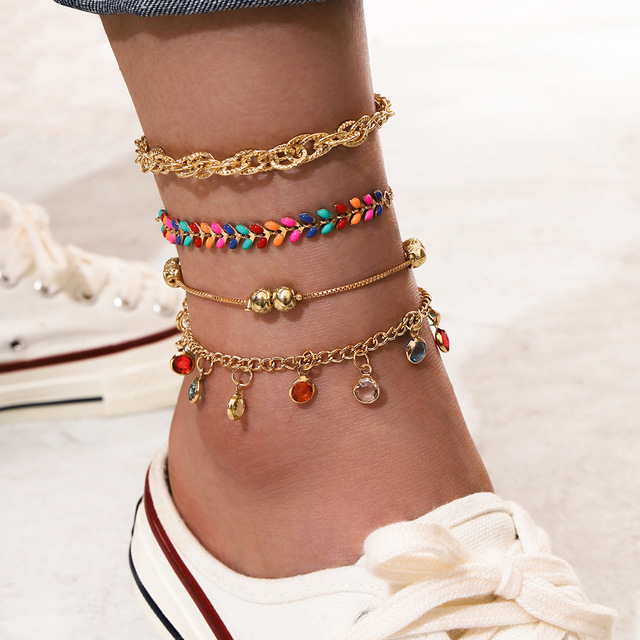 Fashion Key Charm Chain Anklet For Women Boho Heart Ankle Bracelet Set on Leg Beach Foot Jewelry Gift