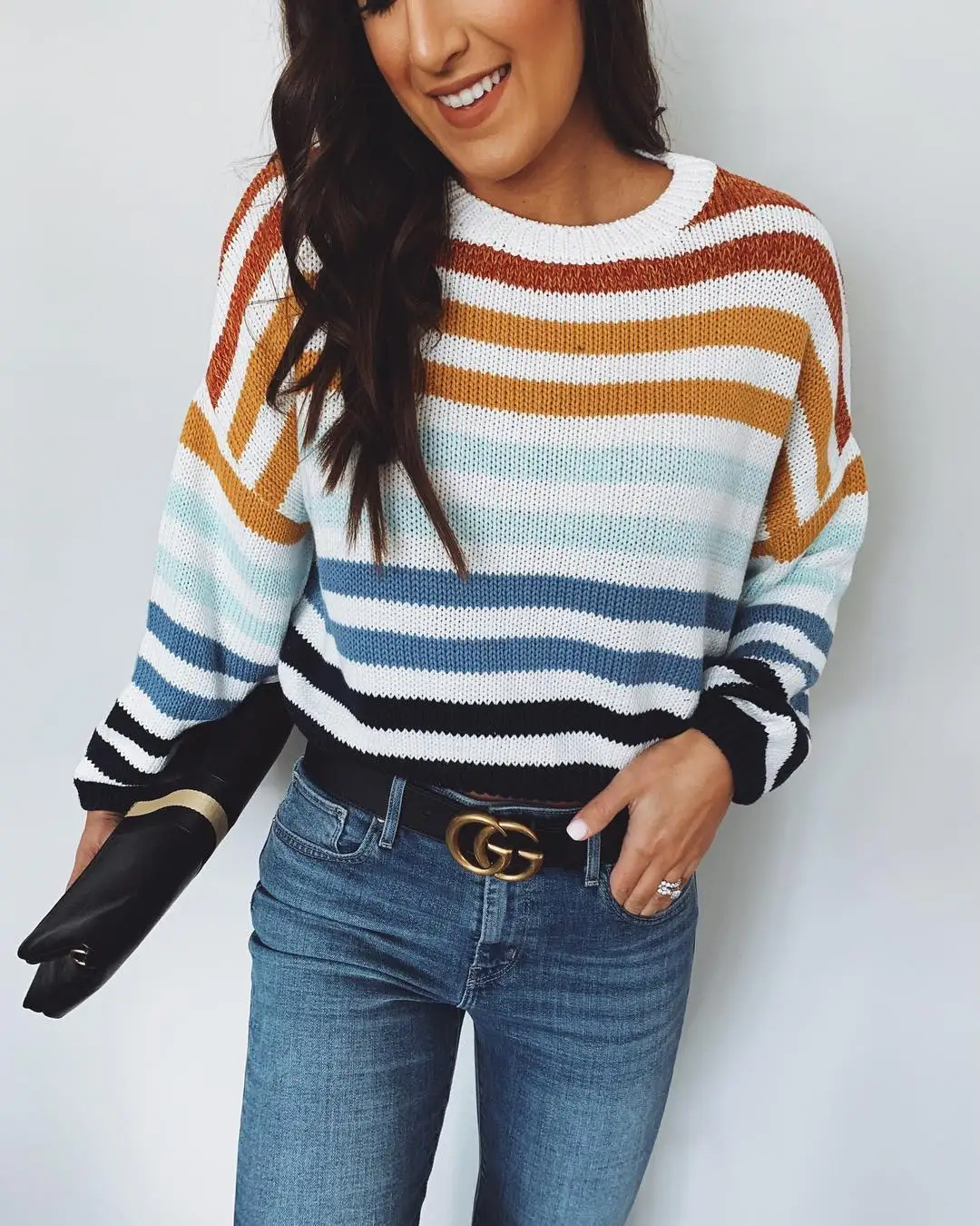 Полосатый Радужный трикотажный свитер для женщин джемпер Дамы Crewneck Радуга Полосатый пуловер свитера толстый теплый свитер женский зимний