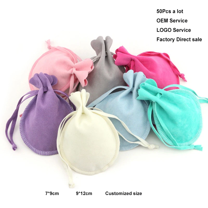 50Pcs/Lot Drawstring Velvet Gift Bags Multi Size Jewelry Packaging Wedding Pouches with Candy Bracelet Sachet Can Print Logo