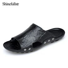 Мужские шлепанцы размера плюс; кожаные летние мужские шлепанцы для улицы; коллекция года; модные удобные тапочки; pantoufle homme; размеры 46-47