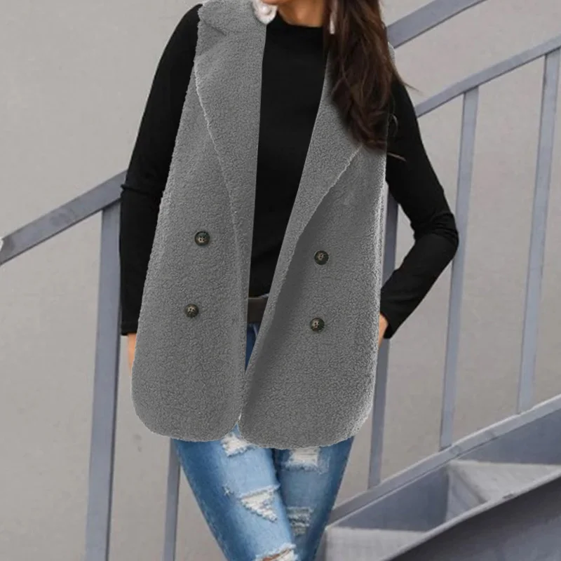 Женский жилет из искусственного меха, осеннее пальто, зимнее теплое пальто без рукавов, повседневные свободные куртки на пуговицах, женская верхняя одежда, S-5XL - Цвет: Light Grey